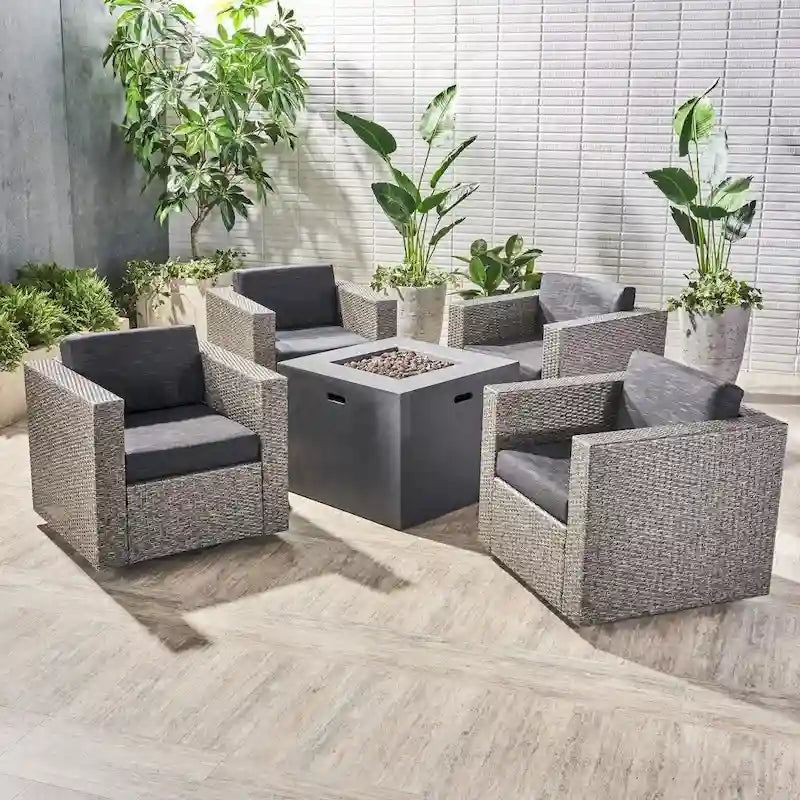 Hudson Outdoor 4 Piece Swivel Club Chair Set with Square Fire Pit by Christopher Knight Home