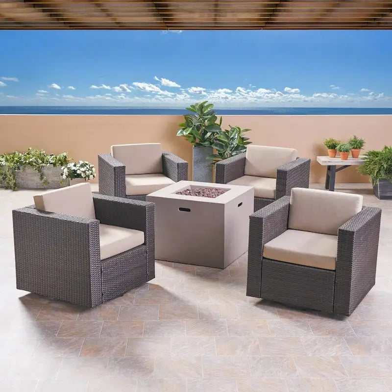 Hudson Outdoor 4 Piece Swivel Club Chair Set with Square Fire Pit by Christopher Knight Home