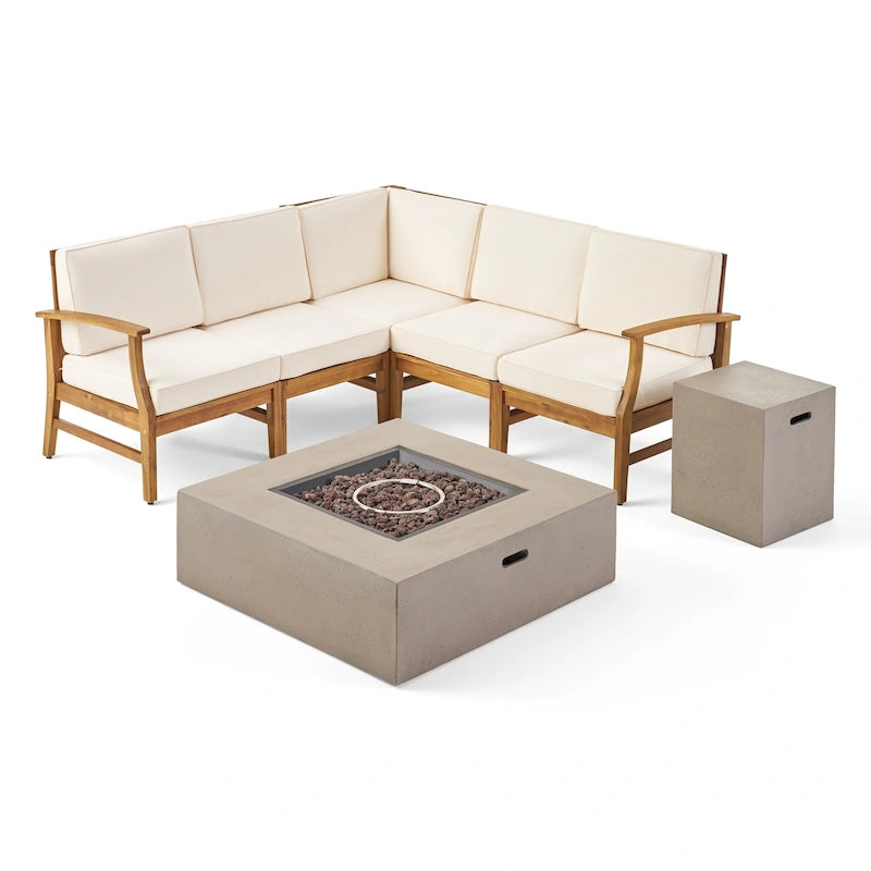 Illona Outdoor 5 Seater V-Shaped Acacia Wood Sofa Set with Square Fire Table and Tank by Christopher Knight Home