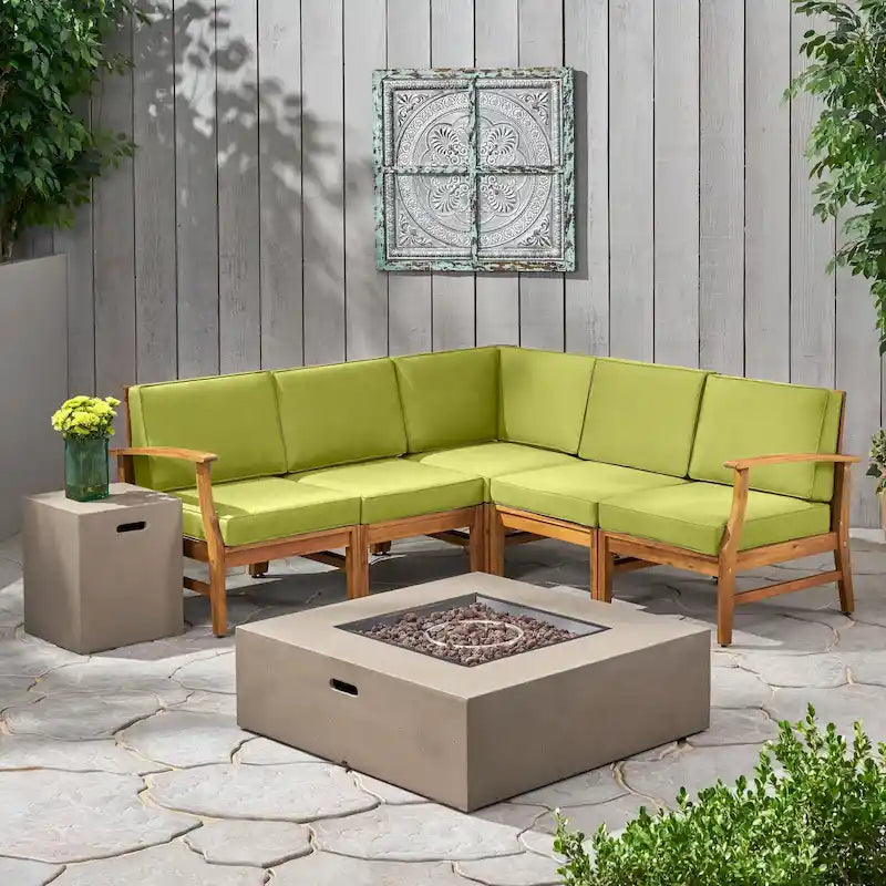 Illona Outdoor 5 Seater V-Shaped Acacia Wood Sofa Set with Square Fire Table and Tank by Christopher Knight Home