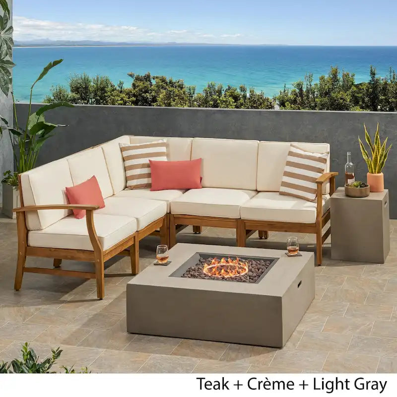 Illona Outdoor 5 Seater V-Shaped Acacia Wood Sofa Set with Square Fire Table and Tank by Christopher Knight Home