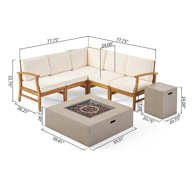 Illona Outdoor 5 Seater V-Shaped Acacia Wood Sofa Set with Square Fire Table and Tank by Christopher Knight Home