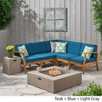 Illona Outdoor 5 Seater V-Shaped Acacia Wood Sofa Set with Square Fire Table and Tank by Christopher Knight Home