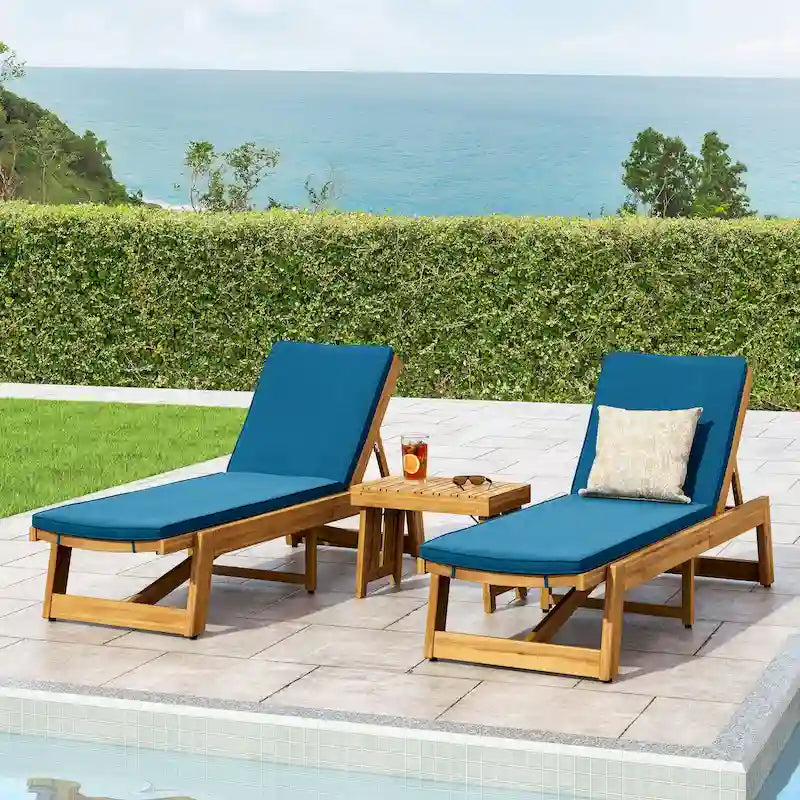 Kyoto Outdoor Acacia Wood 3 Piece Chaise Lounge Set with Water-Resistant Cushions by Christopher Knight Home