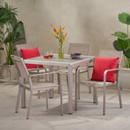 Boris Outdoor Modern 4 Seater Aluminum Dining Set with Faux Wood Table Top by Christopher Knight Home