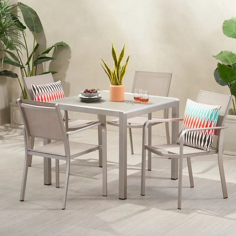 Boris Outdoor Modern 4 Seater Aluminum Dining Set with Faux Wood Table Top by Christopher Knight Home