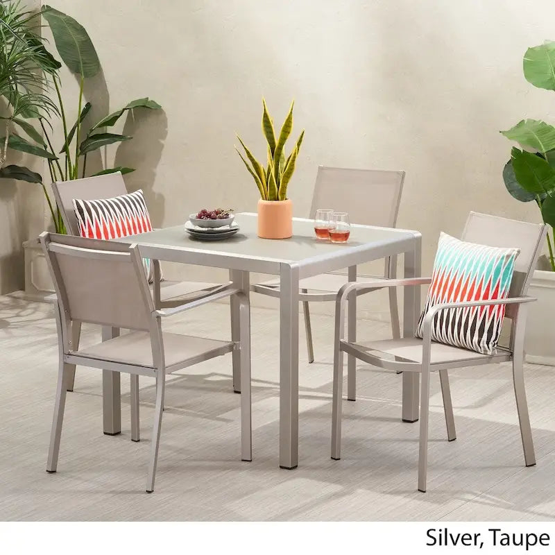 Boris Outdoor Modern 4 Seater Aluminum Dining Set with Faux Wood Table Top by Christopher Knight Home