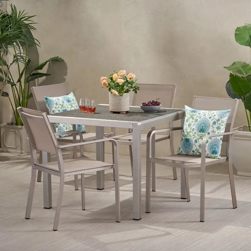 Boris Outdoor Modern 4 Seater Aluminum Dining Set with Faux Wood Table Top by Christopher Knight Home