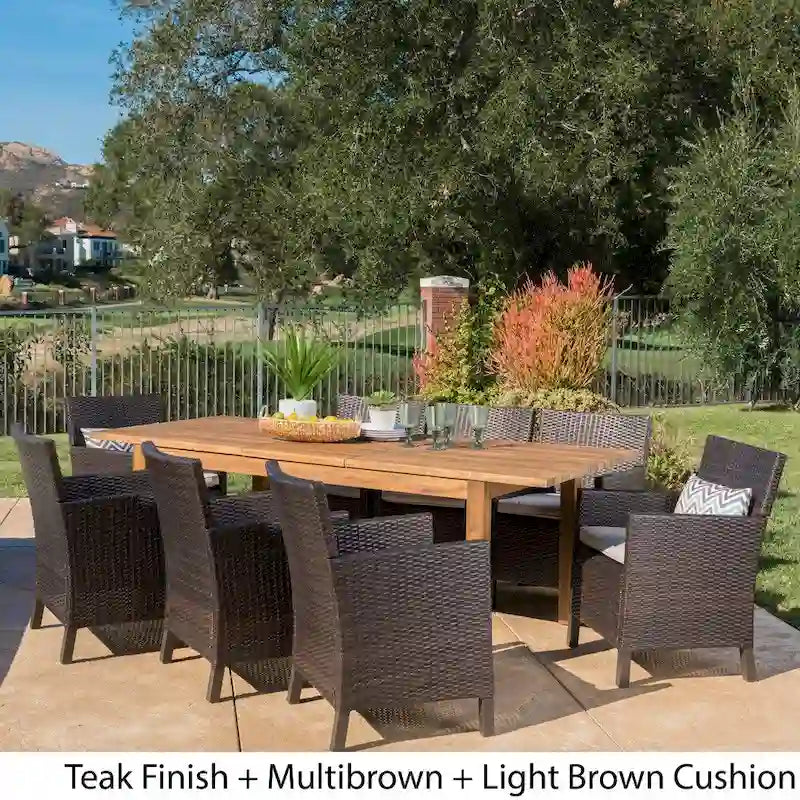 Cobalt Outdoor Wicker Wood Expandable Rectangle Dining Set with Cushions by Christopher Knight Home