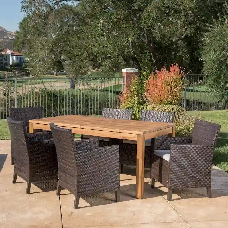 Cobalt Outdoor Wicker Wood Expandable Rectangle Dining Set with Cushions by Christopher Knight Home