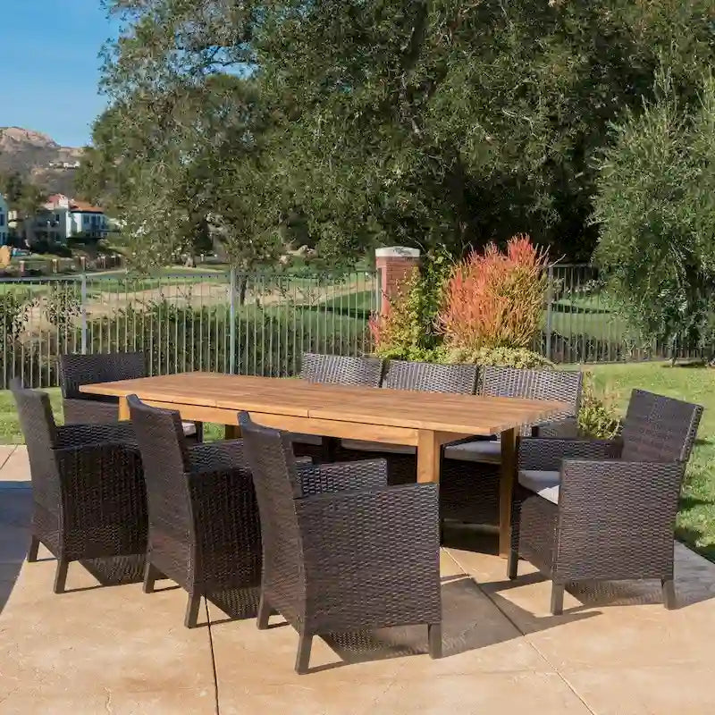 Cobalt Outdoor Wicker Wood Expandable Rectangle Dining Set with Cushions by Christopher Knight Home