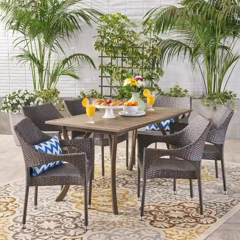 Nora Outdoor 7 Piece Wood and Wicker Dining Set by Christopher Knight Home