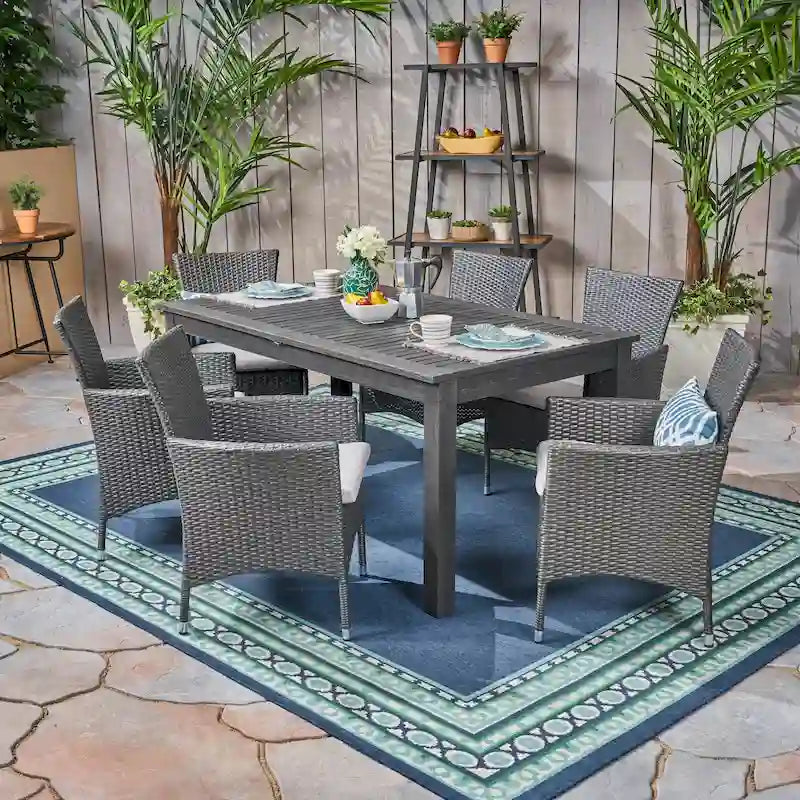 Nora Outdoor 7 Piece Acacia Wood and Wicker Expandable Dining Set by Christopher Knight Home