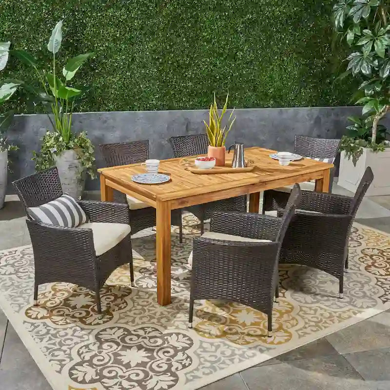 Nora Outdoor 7 Piece Acacia Wood and Wicker Expandable Dining Set by Christopher Knight Home