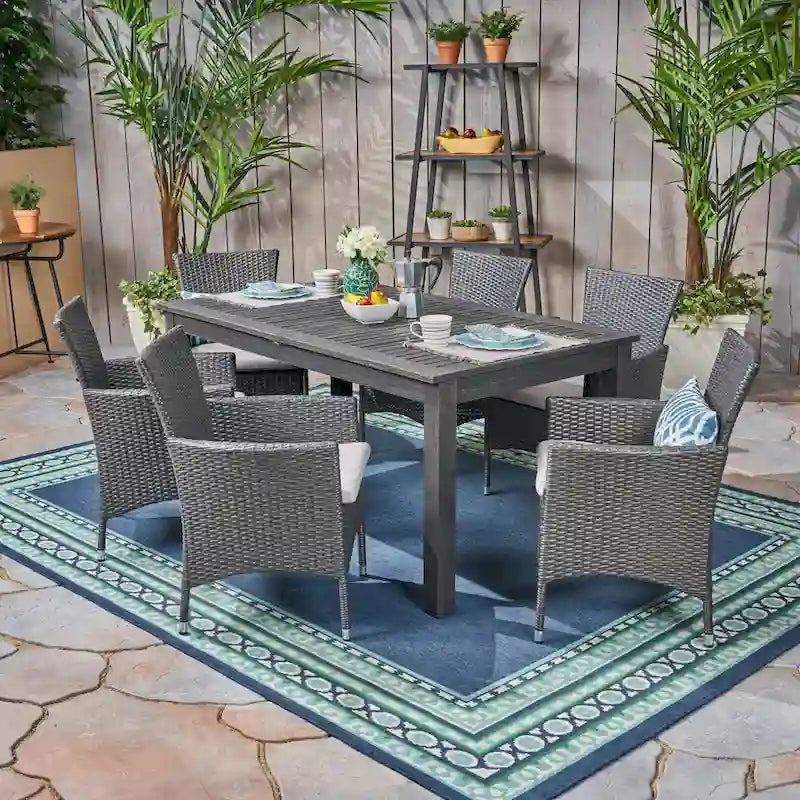 Nora Outdoor 7 Piece Acacia Wood and Wicker Expandable Dining Set by Christopher Knight Home