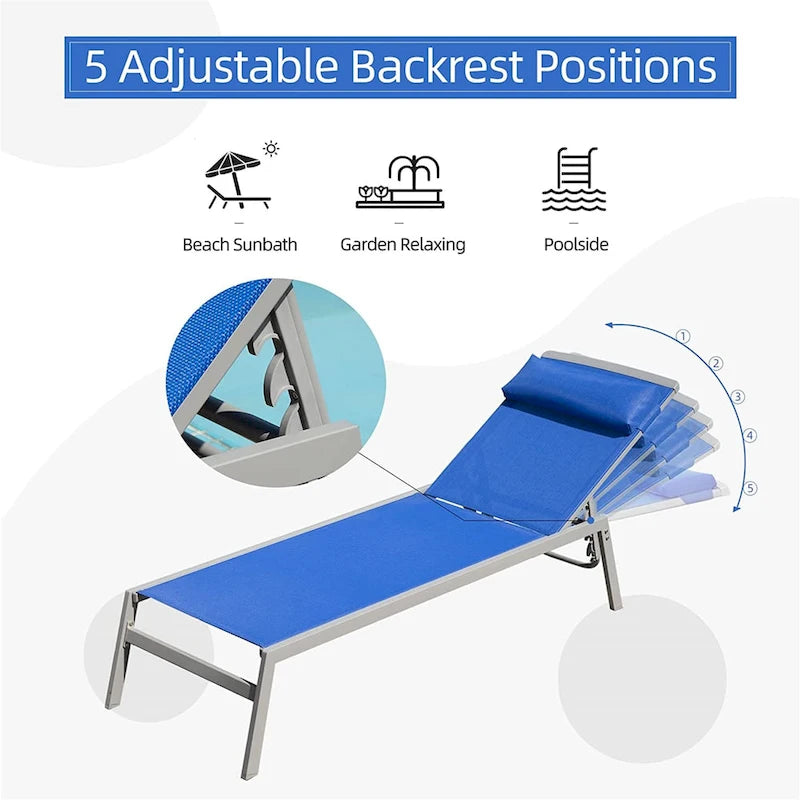 Patio Chaise Lounge Set of 3, Aluminum Lounge Chairs with 5 Adjustable Positions, Outdoor Chaise Lounge