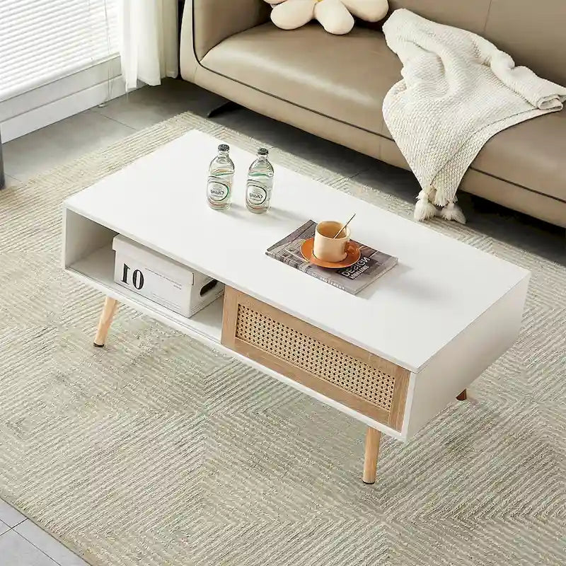 Rattan Coffee Table,Accent Table,Sliding Woven Door&Solid Wood Legs - 41.34L x 21.65W x 16.34H