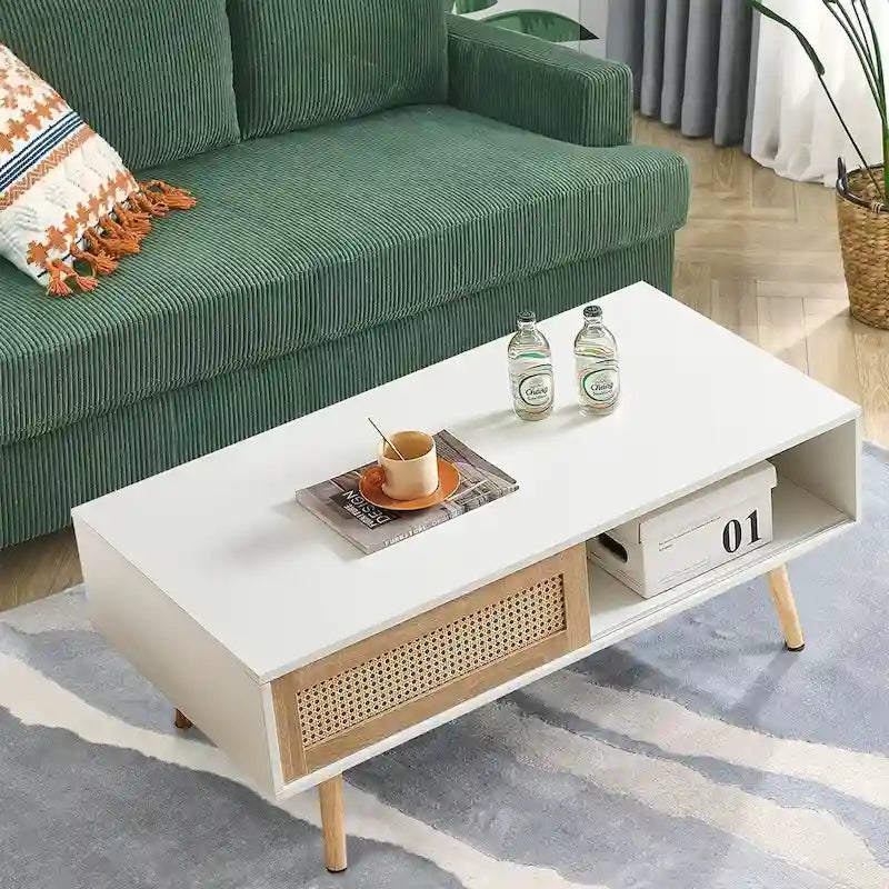 Rattan Coffee Table,Accent Table,Sliding Woven Door&Solid Wood Legs - 41.34L x 21.65W x 16.34H