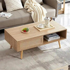 Rattan Coffee Table,Accent Table,Sliding Woven Door&Solid Wood Legs - 41.34L x 21.65W x 16.34H