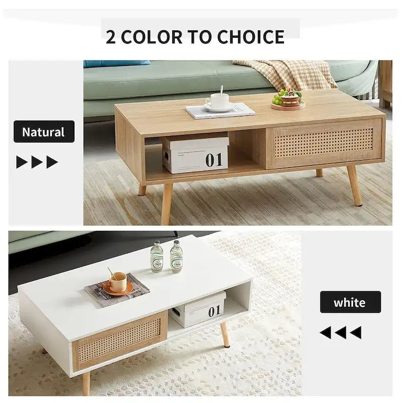 Rattan Coffee Table,Accent Table,Sliding Woven Door&Solid Wood Legs - 41.34L x 21.65W x 16.34H