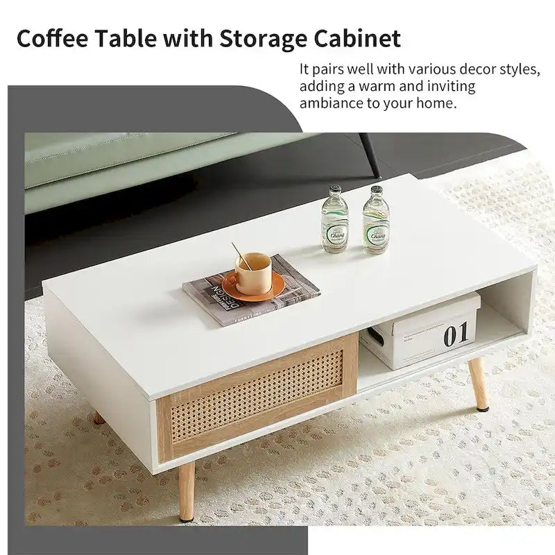 Rattan Coffee Table,Accent Table,Sliding Woven Door&Solid Wood Legs - 41.34L x 21.65W x 16.34H