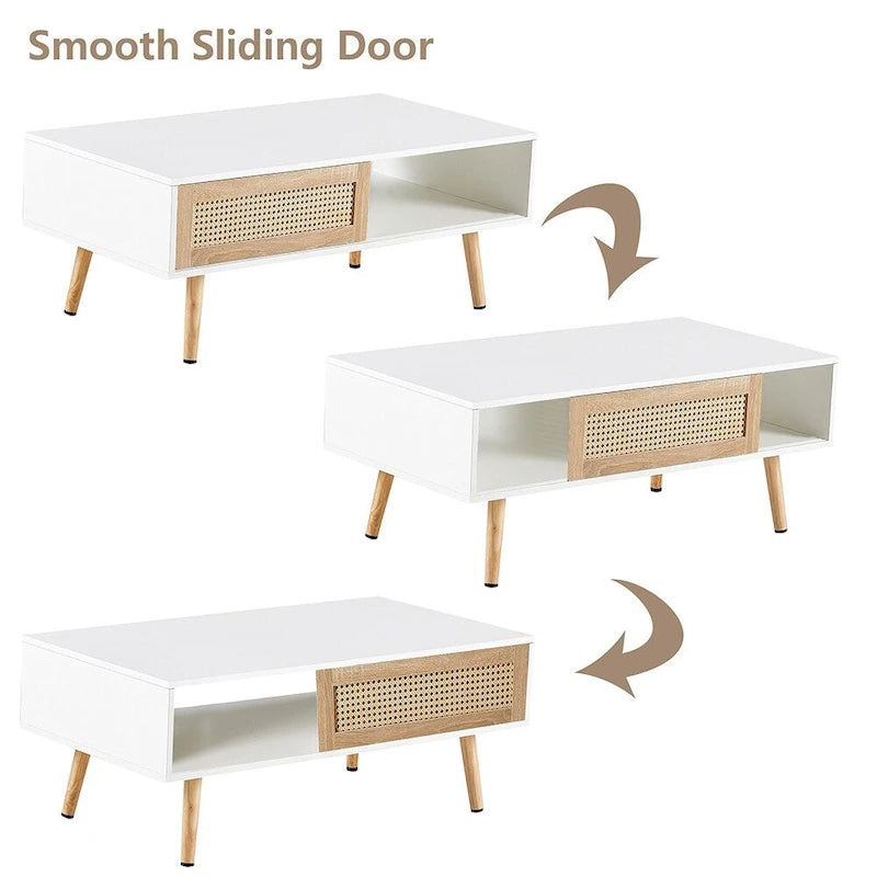 Rattan Coffee Table,Accent Table,Sliding Woven Door&Solid Wood Legs - 41.34L x 21.65W x 16.34H