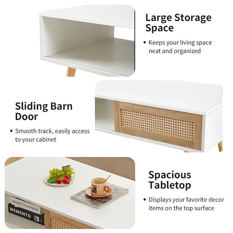 Rattan Coffee Table,Accent Table,Sliding Woven Door&Solid Wood Legs - 41.34L x 21.65W x 16.34H