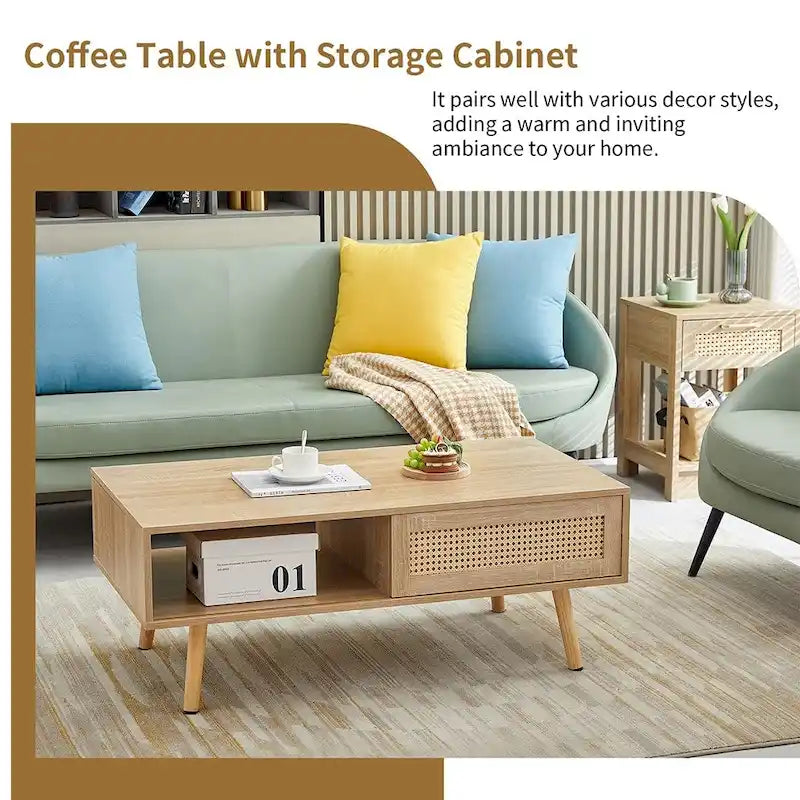 Rattan Coffee Table,Accent Table,Sliding Woven Door&Solid Wood Legs - 41.34L x 21.65W x 16.34H