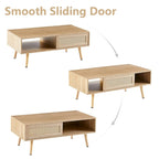 Rattan Coffee Table,Accent Table,Sliding Woven Door&Solid Wood Legs - 41.34L x 21.65W x 16.34H