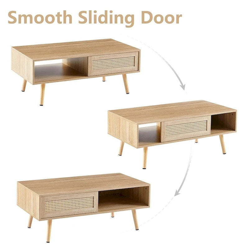 Rattan Coffee Table,Accent Table,Sliding Woven Door&Solid Wood Legs - 41.34L x 21.65W x 16.34H