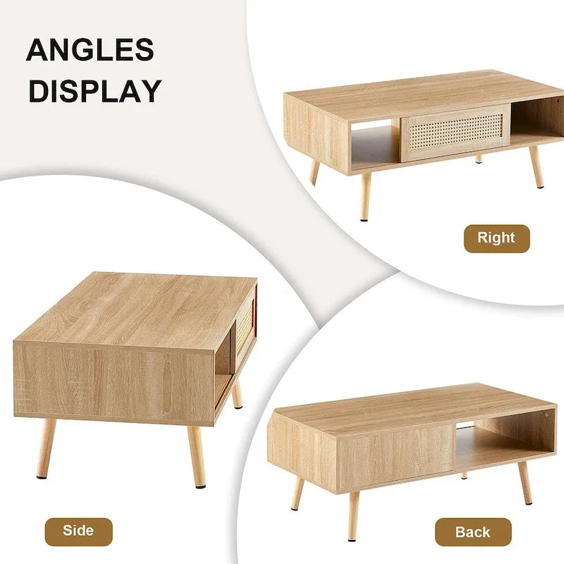 Rattan Coffee Table,Accent Table,Sliding Woven Door&Solid Wood Legs - 41.34L x 21.65W x 16.34H