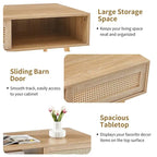 Rattan Coffee Table,Accent Table,Sliding Woven Door&Solid Wood Legs - 41.34L x 21.65W x 16.34H