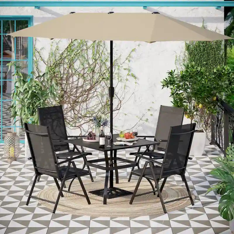 6-piece Patio Dining Set, 1 Square Metal table, 4 Adjustable Folding Chairs and 13ft Umbrella
