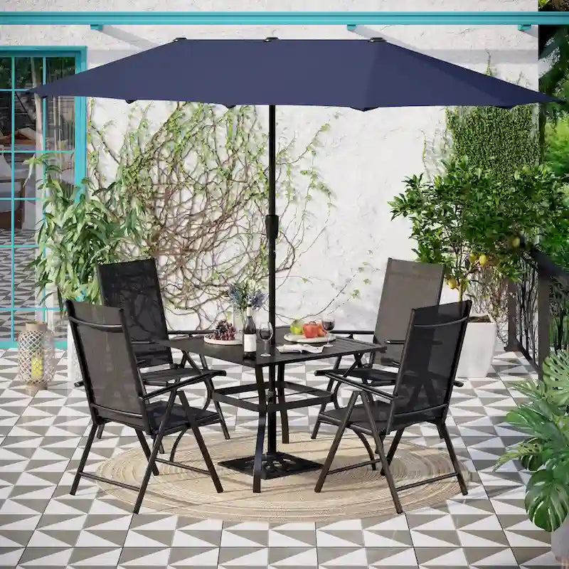 6-piece Patio Dining Set, 1 Square Metal table, 4 Adjustable Folding Chairs and 13ft Umbrella