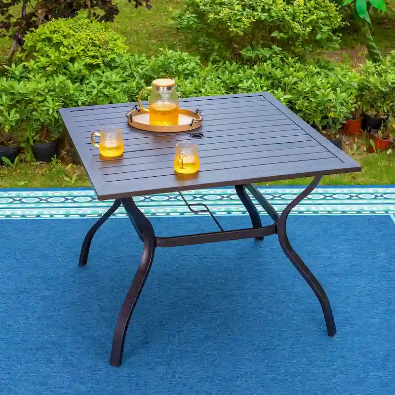 6-piece Patio Dining Set, 1 Square Metal table, 4 Adjustable Folding Chairs and 13ft Umbrella