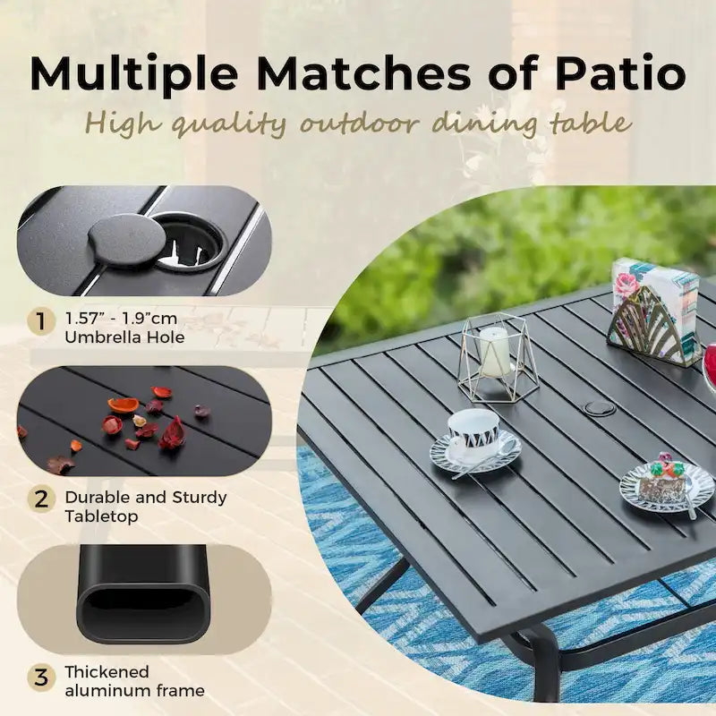 6-piece Patio Dining Set, 1 Square Metal table, 4 Adjustable Folding Chairs and 13ft Umbrella