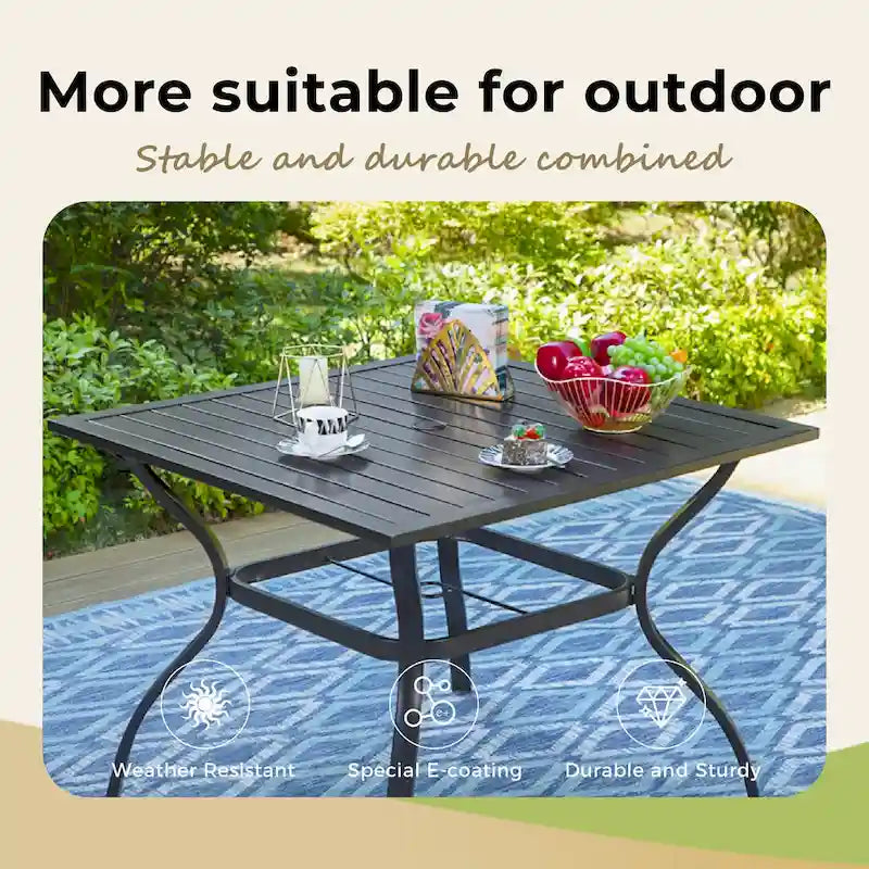 6-piece Patio Dining Set, 1 Square Metal table, 4 Adjustable Folding Chairs and 13ft Umbrella