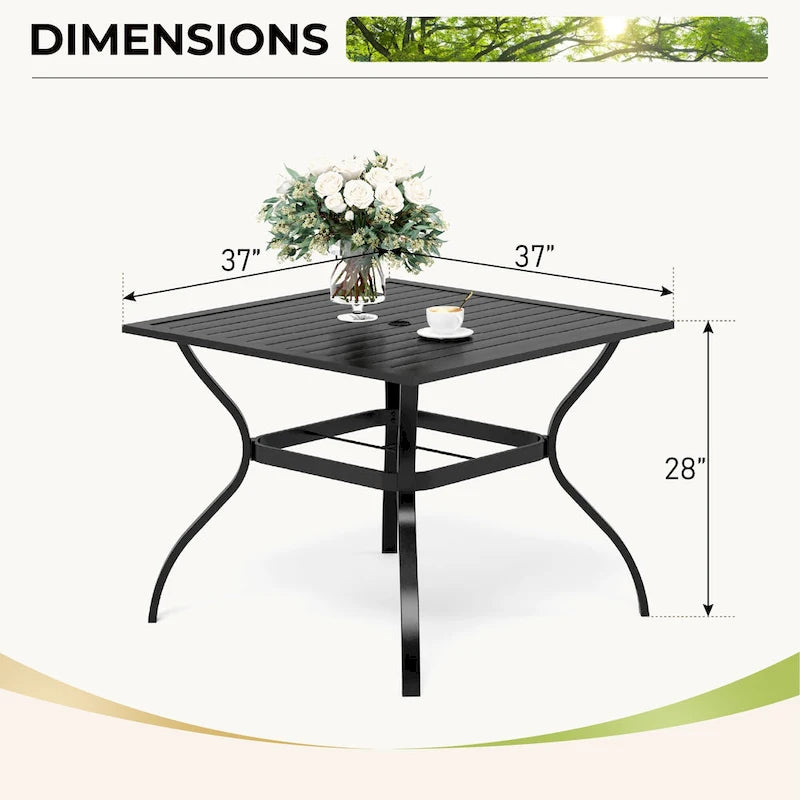 6-piece Patio Dining Set, 1 Square Metal table, 4 Adjustable Folding Chairs and 13ft Umbrella