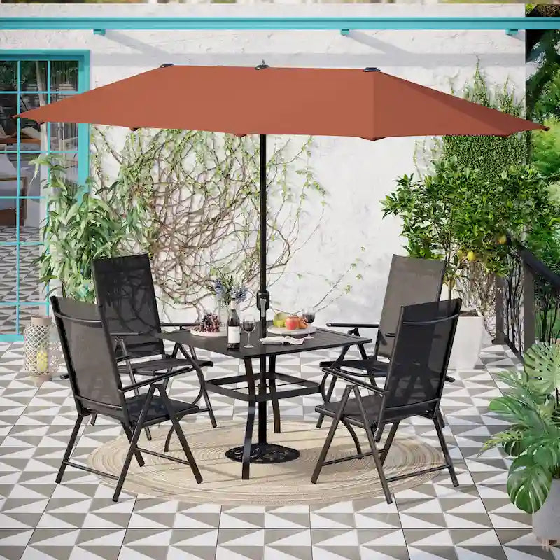 6-piece Patio Dining Set, 1 Square Metal table, 4 Adjustable Folding Chairs and 13ft Umbrella
