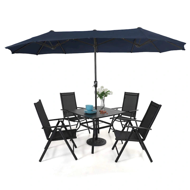 6-piece Patio Dining Set, 1 Square Metal table, 4 Adjustable Folding Chairs and 13ft Umbrella