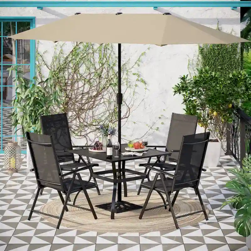 6-piece Patio Dining Set, 1 Square Metal table, 4 Adjustable Folding Chairs and 13ft Umbrella
