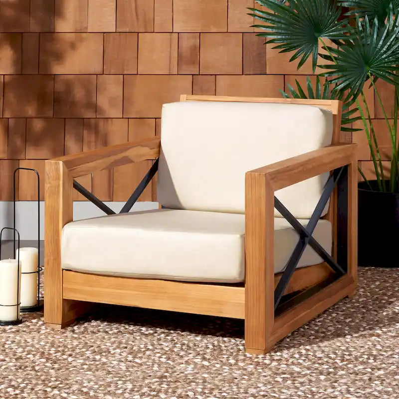 SAFAVIEH Couture Dorthy Beige Teak Outdoor Patio Chair - 32 W x 37 D x 29 H - 32W x 37D x 29H