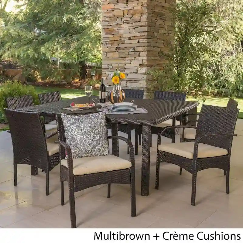 Chadney Outdoor 9-piece Square Wicker Dining Set with Cushions by Christopher Knight Home
