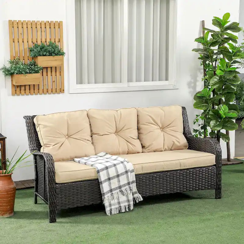 Outsunny 3-Seater Outdoor Sofa with 4 Thick Padded Cushions, PE Rattan Patio Outdoor Couch with Curved Armrests for Sunroom