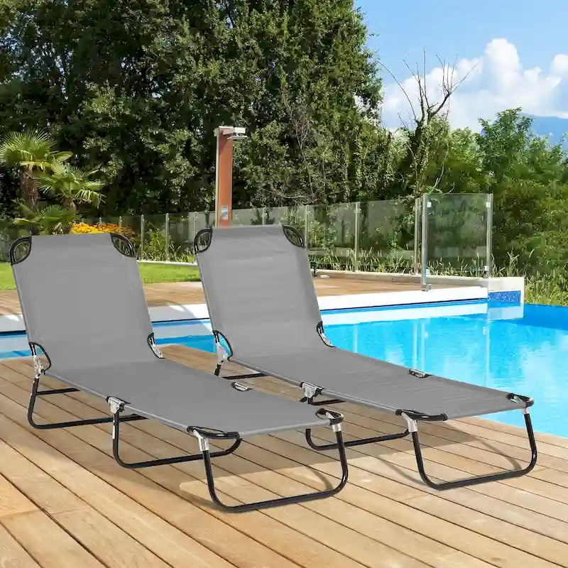 Outsunny 2 Piece Folding Chaise Lounge Pool Chairs, Outdoor Sun Tanning Chairs with 5-Level Reclining Back - Grey