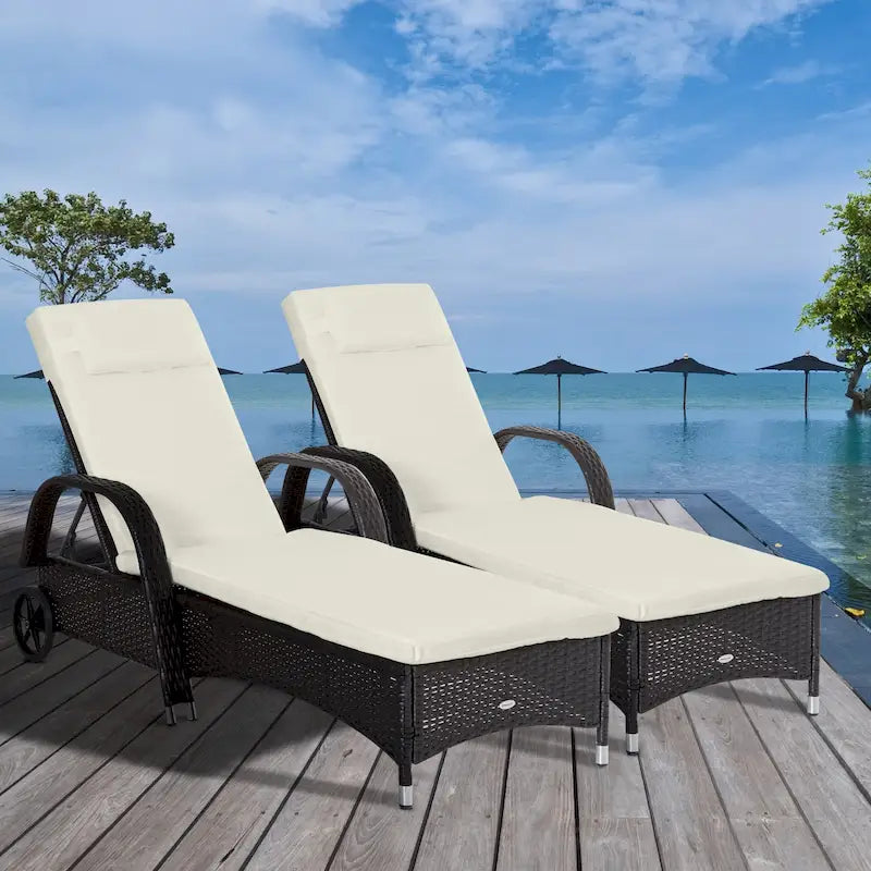 Outsunny Reclining Chaise Lounge Chair, Thickly Cushioned, Headrest, Armrests, Rolling Outdoor PE Rattan Sun Bathing Chair
