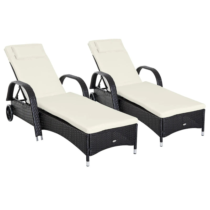 Outsunny Reclining Chaise Lounge Chair, Thickly Cushioned, Headrest, Armrests, Rolling Outdoor PE Rattan Sun Bathing Chair