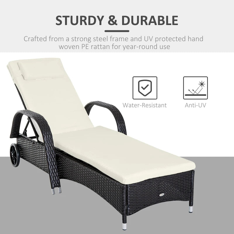 Outsunny Reclining Chaise Lounge Chair, Thickly Cushioned, Headrest, Armrests, Rolling Outdoor PE Rattan Sun Bathing Chair