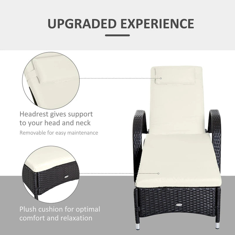 Outsunny Reclining Chaise Lounge Chair, Thickly Cushioned, Headrest, Armrests, Rolling Outdoor PE Rattan Sun Bathing Chair