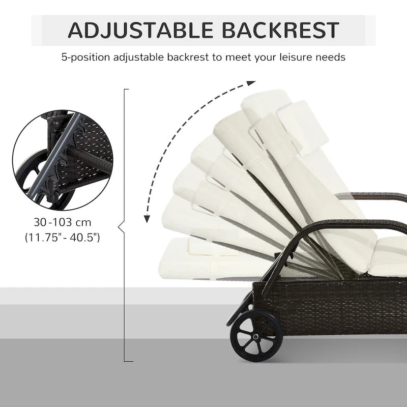 Outsunny Reclining Chaise Lounge Chair, Thickly Cushioned, Headrest, Armrests, Rolling Outdoor PE Rattan Sun Bathing Chair